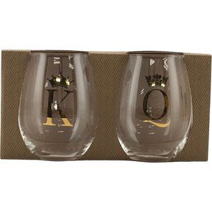 Harman | Stemless Wine Glass Set | 2 Pack | "K" & "Q" | 12 oz.